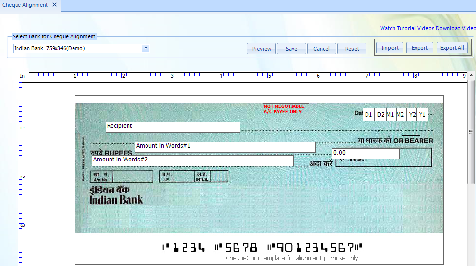 Alignment of cheque